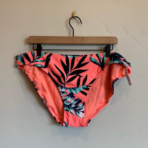 OLD NAVY Coral Pink Tropical Palm Leaf Mid Rise Bikini Bottoms - Picture 1 of 5